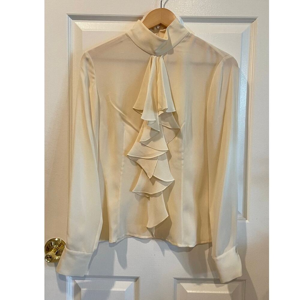 Vintage Patrick Christopher 100% Pure Silk Ruffle Front Blouse Cream High Neck S